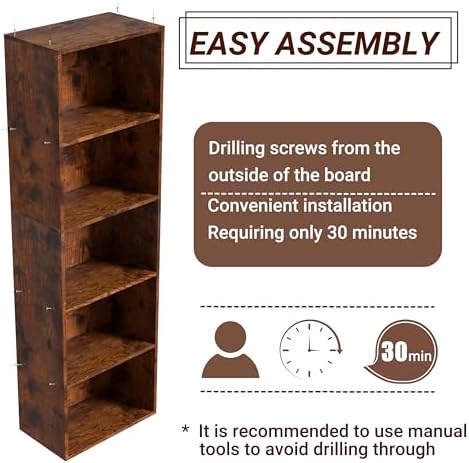 Wooden 5 Cube Storage Organizer, Vintage Brown 5 Tier Bookcase Bookshelf Freestanding Storage Display Organizer,Versatil
