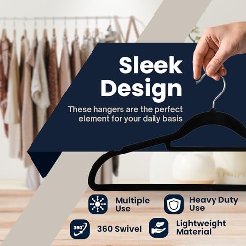 50 Pack Velvet Hangers | Non-Slip Velvet Clothing Hangers with Tie Organisers | Space Saving Hangers and 360° Swivel Hooks Wardrobe Storage Organiser, Black