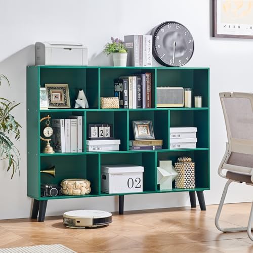LEYAOYAO 10 Cube Bookshelf,Mid-Century Modern Bookcase with Legs,Dark Green