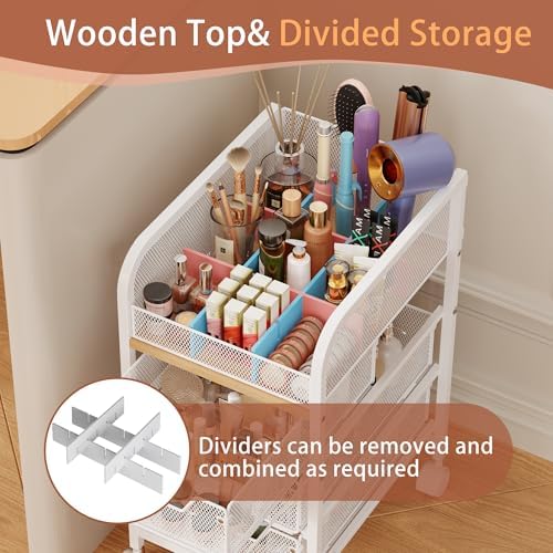 Rolling Makeup Cart Organizer with 3 Drawers, 4-Tier Narrow Floor Skincare Organizers with dividers, Vanity Organizer Co