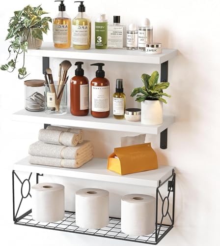 Amada Bathroom Shelves with Storage Basket, Set of 3, White