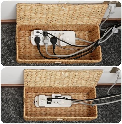 Posprica Cable Management Box with Lid, 2Pack Handwoven Real Water Hyacinth Cord Hider Organizer Boxes, 2 Side Open Slot