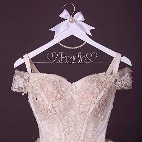 White Solid Wood Bridal Dress Hanger with Bridal Wire Lettering for Bridal Wedding Party Gift (White Hanger Silver Threa