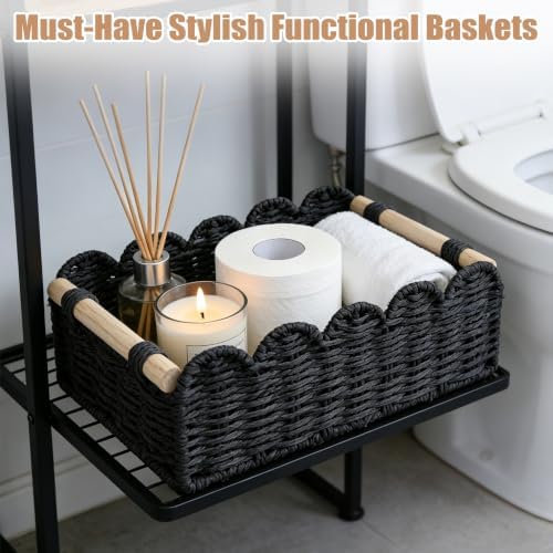 Black Scalloped Wicker Storage Basket Organizer with Handles 2 Pack,Paper Rope Decorative Toilet Paper Baskets & Bathroo