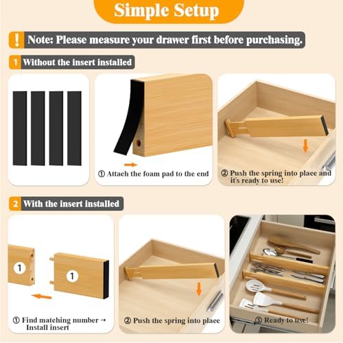 Bamboo Drawer Dividers, 12-21 Inch Kitchen Adjustable Drawer Organizers