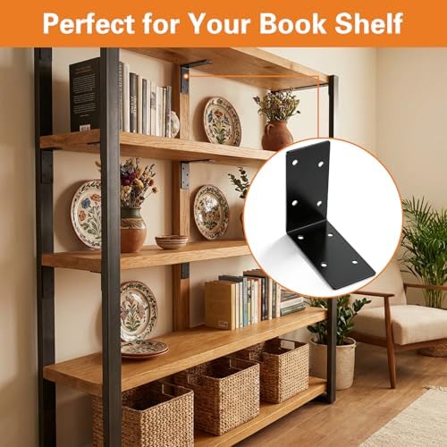 ZENFUN 20Pcs 4x4x2 Inch Heavy Duty Corner Brackets, Black L Brackets for Wood Shelves, 2mm 90 Degree Right Angle Bracket