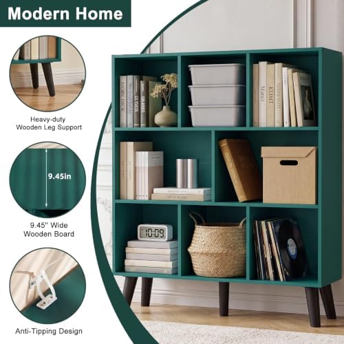 YAHARBO 8 Cube Bookshelf,3 Tier Bookcase with Legs,Dark Green Mid-Century Modern Bookshelves,Large Free Standing Open St