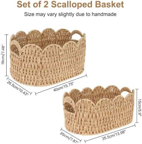 iEGrow Paper Rope Scalloped Basket, Set of 2 Woven Storage Wicker Baskets with Handle for Organizing and Shelves, Cute Boho Oval Baby Baskets for Decor, Towel, Toys, Nursery, Book, Gift Natural