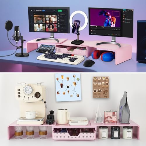 LEKETREE Dual Monitor Stand Riser with Drawer, Desk Organizer and Accessories, Pink Monitor Stand for Desk, Desktop Stan