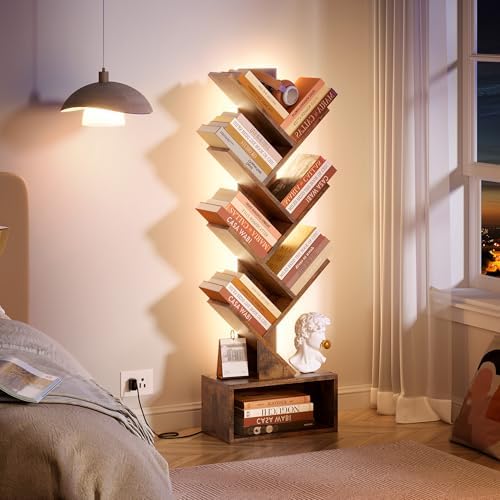 Hoctieon 6 Tier Tree Bookshelf, Tall Bookcase, Freestanding Book Shelf with LED Lights, Display Floor Standing Storage S