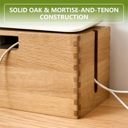 Oak Wood Cable Management Box - Large Cord Hider & Organizer with Magnetic Lid for Desk & Floor Cables in Home Office, L
