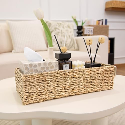 HOMESTEAD 2-Pack Rectangular Seagrass Storage Baskets with Built-In Handles, Handwoven Wicker Baskets for Pantry, Shelf, Closet & Bathroom Organization, 16 × 6.75 × 4.25 in