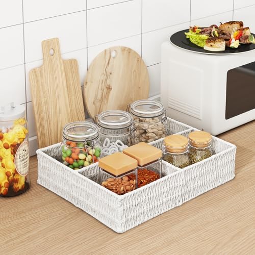 Vagusicc Wicker Divided Storage Basket, White Wicker Baskets, Basket for Shelves Drawer Organizing, 3 Section Rectangula