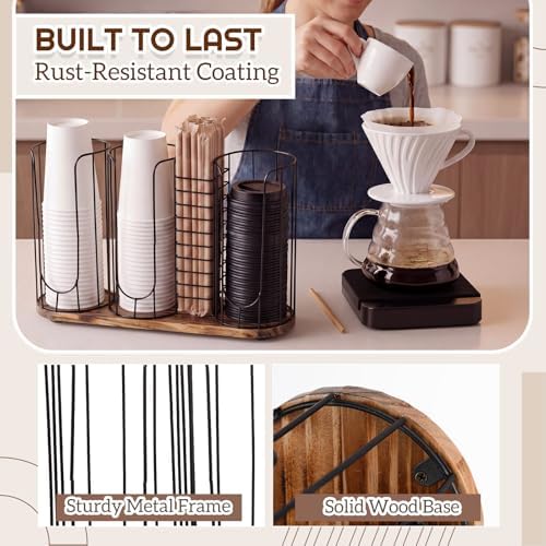 Geelin 18oz Adjustable Coffee Cup Dispenser with Wooden Base, Cup and Lid Holder, Cups Holder Organizer for Coffee Pod S