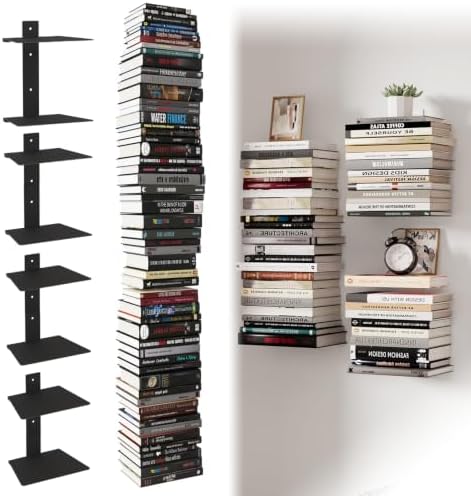 Wawocs Invisible Bookshelves for Wall, 8 Tier Floating Bookshelf Made of Heavy Duty Metal, Vertical Spine Book Tower Han