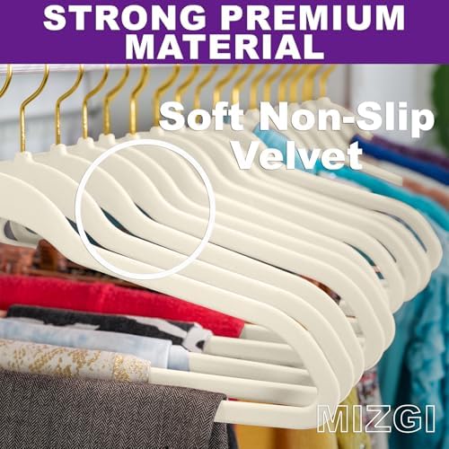 MIZGI Ivory Velvet Hangers 100 Pack,Premium Gold Clothes Hangers Non-Slip Felt Hangers,Sturdy Ivory Hangers Heavy Duty Coat Hangers,Durable Suit Hangers Space Saving, No Flocked Hanger Marks