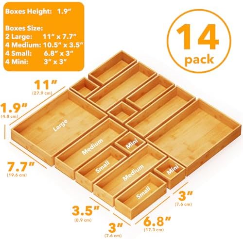 SpaceAid 14-Piece Bamboo Drawer Organizer Storage Boxes Set, Wood Tray Junk Drawer Organizers Multi-Use Divider Bins for Kitchen, Bathroom, Office Desk and Makeup Organization (14 Pack, Natural)