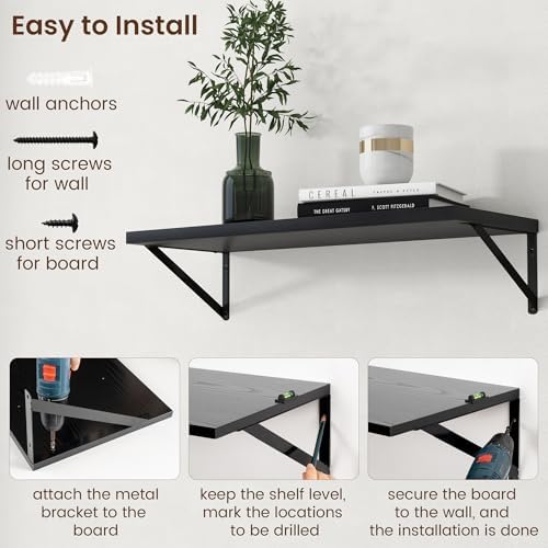 Axeman Deep Floating Shelves - 30 Inch Black Floating Shelves Set of 2-12 Inch Deep Wood Wall Shelves for Living Room Ba