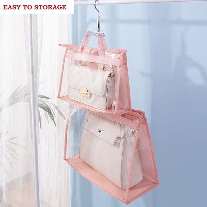 Handbag Dust Bags Clear Purse Storage Organizer for Closet Small to Extra Large Handbags Dust Free Bags Hanging Zipper Storage Bag with Hooks, (Pink, 4 Sizes-8PCS)