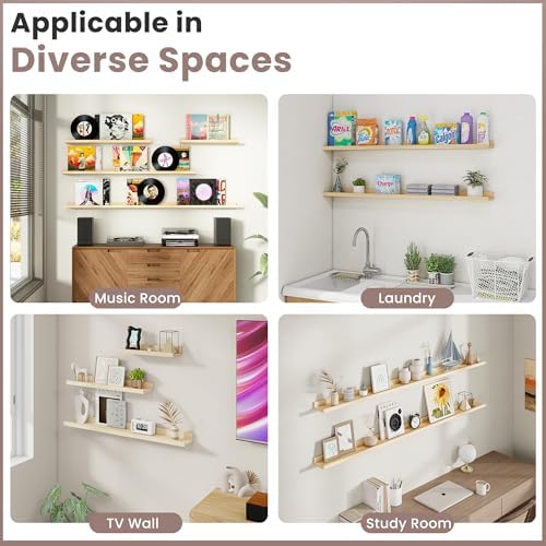 Floating Shelves for Wall, 16 inch Solid Wood Picture Ledge Shelf, Picture Shelf for Wall with Ledge, Floating Book Shelves for living room Bedroom Kitchen Nursery Decor, Natural Unfinished, Set of 2