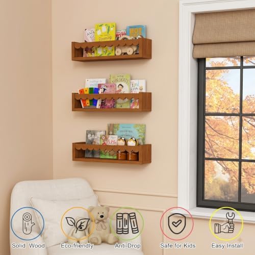 Scalloped Floating Shelves for Nursery, Walnut Scallop Kids Wall Book Shelf