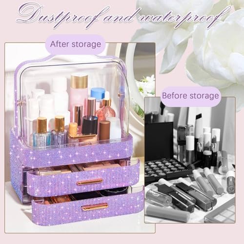 Honeydak Rhinestone Makeup Organizer with 2 Drawers Lid, Purple, Rhinestone