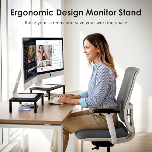 ECOLOVI Adjustable Wood Computer Monitor Stand Riser, Office Desk Organizer and Accessories for Monitor, Laptop, PC, Pri