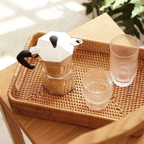 i-lan 13 Inch Handcrafted Serving Tray Rectangle Rattan Display Tray Plates with Cutout Handles and 2" Wall,Wicker Ottom