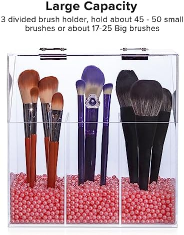 Acrylic Makeup Brush Holder with Lid - Clear Cosmetic Makeup Brush Organizer and Storage Box with Cover for Vanity - Lar