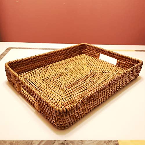 i-lan 2 Pack Natural Rattan Serving Trays with Handles – Handwoven Rectangular Wicker Baskets for Food, Bread, Fruit | D