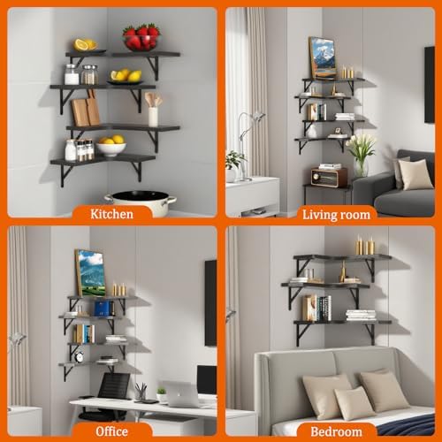 5 Pack Corner Floating Shelves, Wall Mounted Wood Shelf, Black