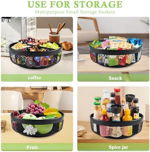Snack Organizer for Countertop, Metal Turntable Organizer with Divider, 4 Compartment Snack Storage Spinning Snack Tray,
