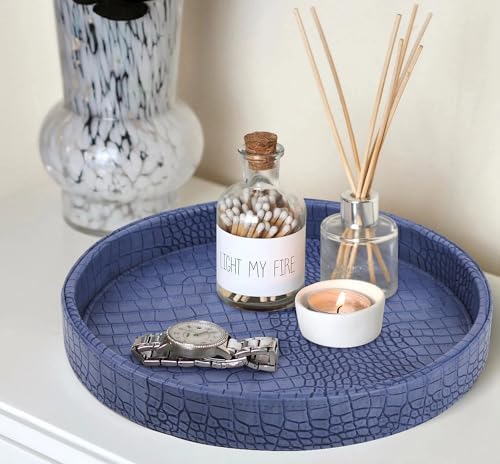 HofferRuffer Faux Leather Round Serving Tray, Vegan Croco Leather Decorative Tray, Food Tray for Storage Drinks, Snack &
