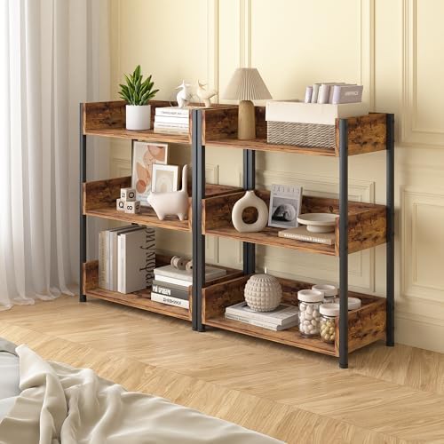 VECELO Bookshelf Set of 2, 30" H Small Bookcase,3-Tier Storage Organizer,Wood Bookcase with Steel Frame,Shelving Unit fo