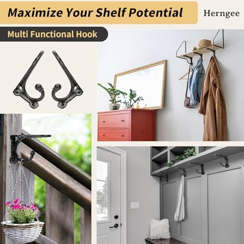 Cast Iron Shelf Brackets 4 Inch, 4 Pack Black Rustic Shelf Brackets with Hooks，Heavy Duty Floating Brackets Wall Mounted