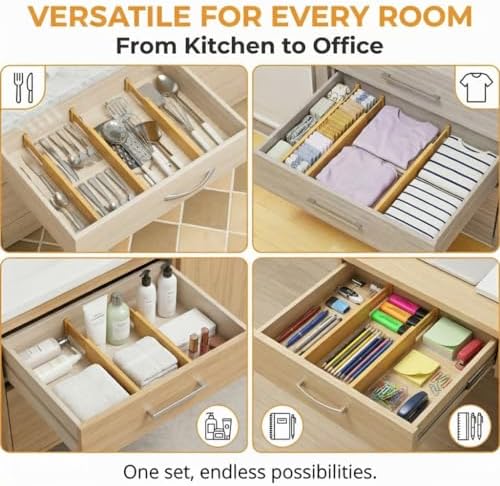 FUSHITON Bamboo Drawer Dividers 17"-22" Adjustable Expandable Drawer Organizers Spring Loaded Drawer Separators for Kitc