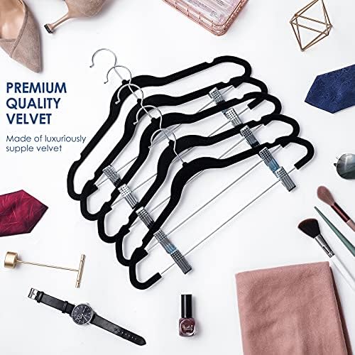 TIMMY 30 Pack Velvet Pants Hangers with Adjustable Clips, Black, Non-Slip