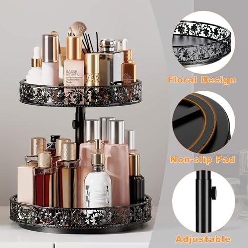 2 Tier Lazy Susan Organizer Turntable Height Adjustable, Black