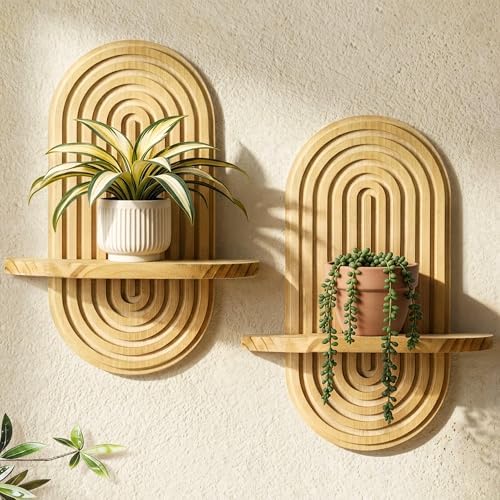 Heiple Set of 2 Boho Arched Floating Shelves 15.7”x 7.8” Plant Wooden Hanging Shelf for Living Room Bedroom Mid Century 