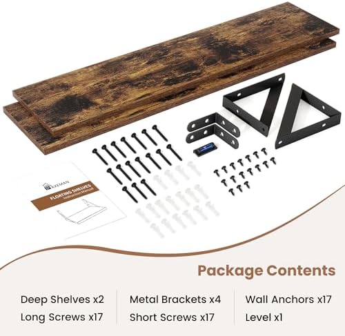 Axeman 55 Inch Floating Shelves, 8 Inch Deep Brown Wall Shelves Set of 2