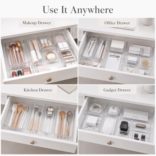 14 Pcs Adjustable Drawer Organizer, Expandable Clear Drawer Organizer