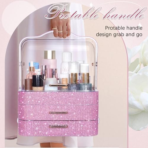Honeydak Rhinestone Makeup Organizer with 2 Drawers Lid, Pink, Rhinestone