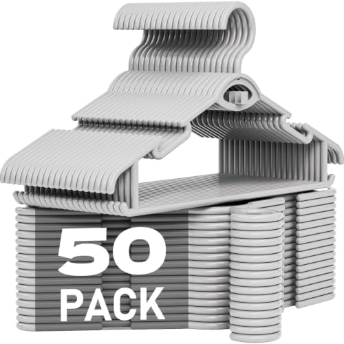 Heavy Duty Plastic Hangers 50 Pack, Stackable Space Saving, Grey