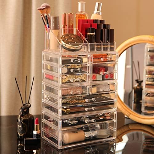 Cq acrylic 4 Pack Clear Makeup Organizer Countertop,Stackable 11 Drawers Skincare Organizer,Cute Skin Care Organizer for
