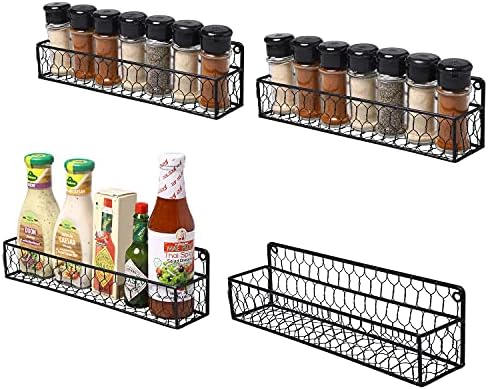 MyGift Black Chicken Wire Hanging Spice Rack for Wall Organize Seasoning and Condiment Jar Holder, Set of 4