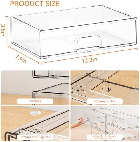 Yieach 12.2''W Clear Stackable Storage Drawers,4 Pack Acrylic Drawers,Bathroom Organizer Bin and Plastic Makeup Organize