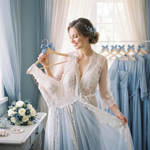 Wonderjune Bule 10 Pcs Bride Hanger for Wedding Bride Groom Bridesmaid Ribbon Bow Pearl Hanger Wood Color Elegant Wooden Dress for Bridal Shower Tuxedo Photo Keepsake Party Gift (Pearl Bow)
