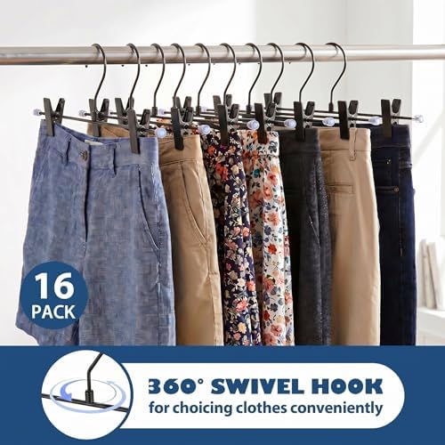 16 Pack Pants Hangers with Clips, 12.2 Inch Slim Metal Clothes Hangers with 360° Swivel Hooks, Heavy Duty Space Saving Closet Hangers for Jeans, Slacks, Shorts, Skirt (Black)