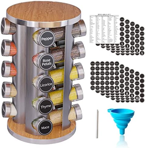 Revolving Spice Rack Set with 20 Spice Jars, Kitchen Spice Tower Organizer for Countertop or Cabinet -- Carousel Storage