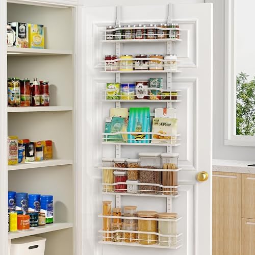 Moforoco White 6-Tier Over Door Pantry Organizer, Pantry Organization Storage, Door Metal Hanging Spice Rack Basket Shel